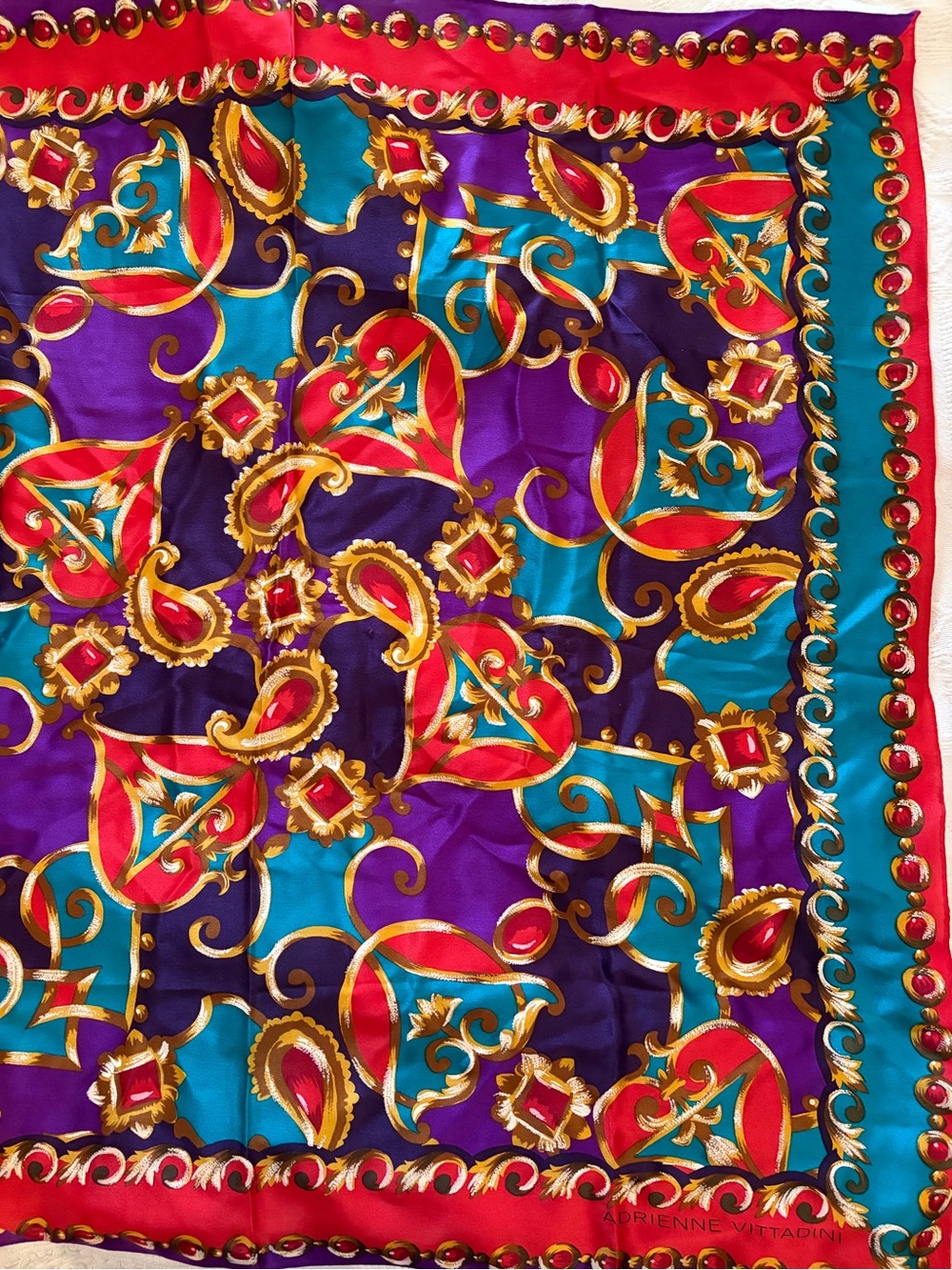 Adrienne Vittadini Purple Teal Red & Gold Baroque Silk Scarf